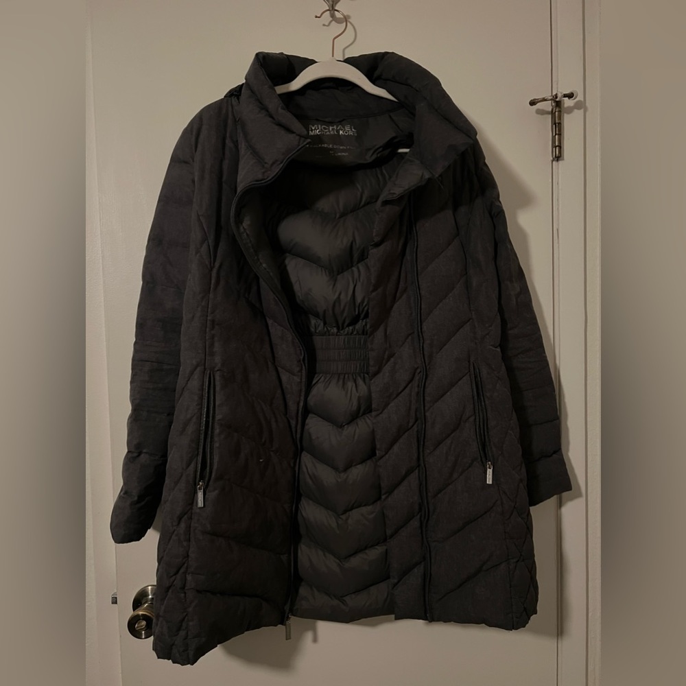 Michael Kors knee length down jacket with detachable hood
